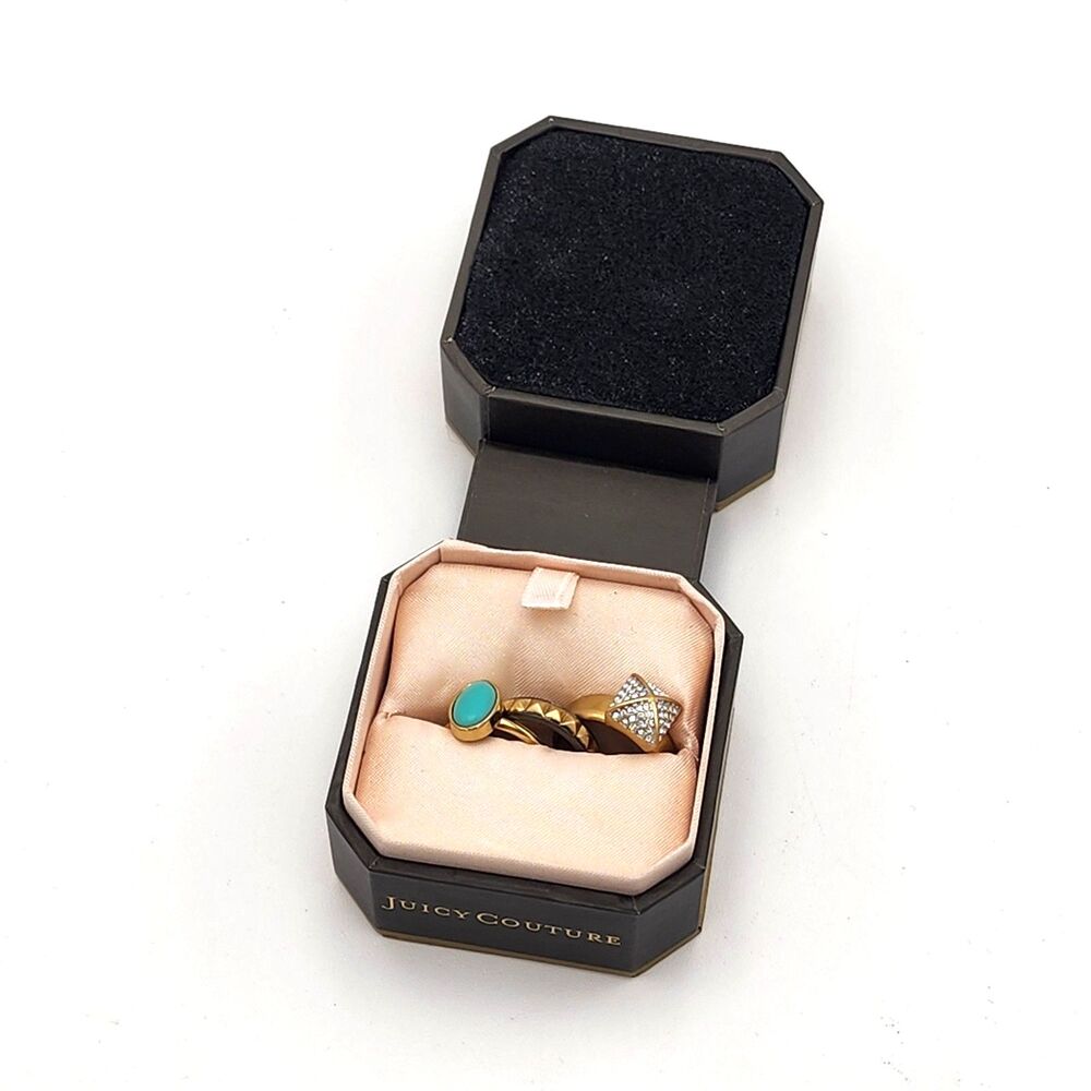 Juicy Couture Y2K Turquoise Gold Pave Square Stackable 3-Ring Set Size 7 BNIB